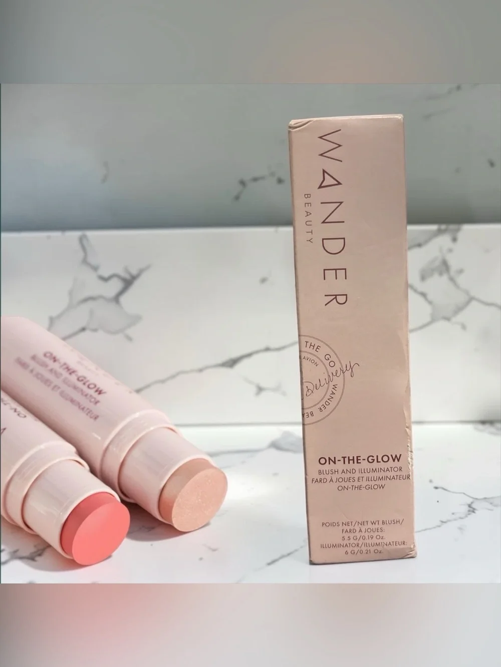 NIB-Wander Beauty On-The-Glow Blush & Illuminator Stick — Coral Rose/Nude Glow